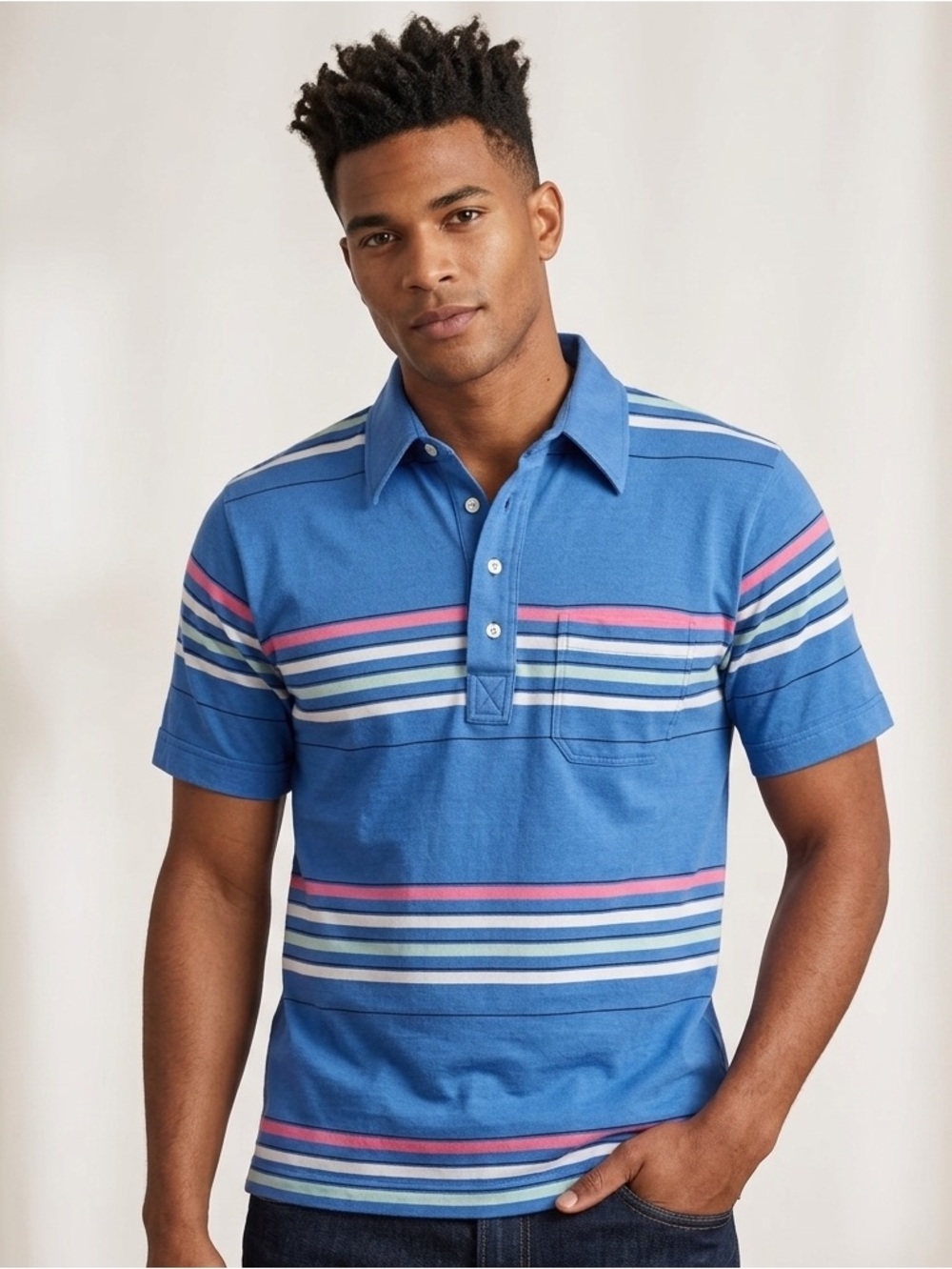 Vtg Y2K Mens M Knights Bridge Striped Blue Polo Shirt Pocket EUC Rockabilly Surf